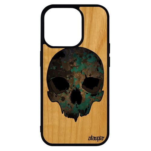 Coque Silicone Iphone 14 Pro Bois Tete De Mort De Protection Crane Pirate Horreur Punk Rock Bleu Graffitti Rigide Garcon