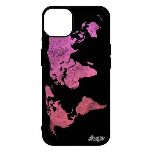 Coque iPhone 14+ Plus silicone Carte monde telephone pays 256 Go rose motif terre planete atlas globe antichoc de protection