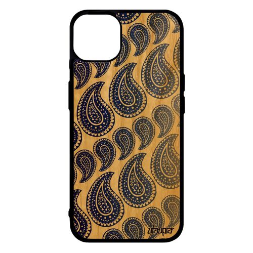Coque telephone pour iPhone 14+ Plus en bois silicone motif cachemire jolie Bleu degradé frêne graphique impression smartphone
