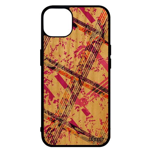 Coque Iphone 14 Bois Naturel Silicone Carreau Tartan Ecossais Design Artisanat 4g Noir Frêne Tpu Housse Rose De Made In France