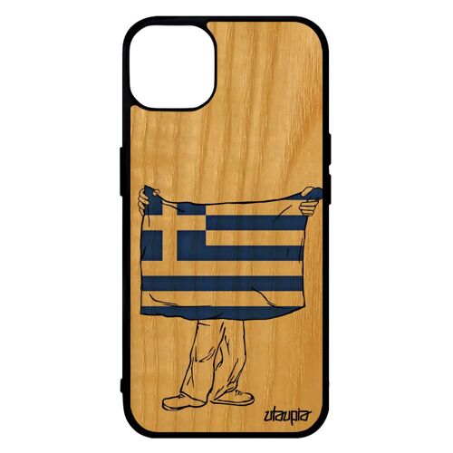 Coque Vrai Bois Silicone Iphone 14 Drapeau Grece Grec Jo Jeux Olympiques Etui Coupe D'europe Euro Case 4g Foot Football Tpu De