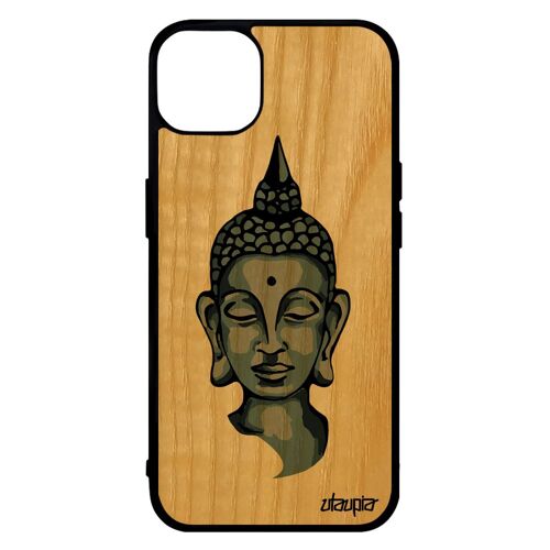 Coque En Bois Pour Iphone 14 Silicone Bouddha Rigide Noir Gris Thailande Bouddhisme Femme De Luxe Telephone Image Visage Yoga