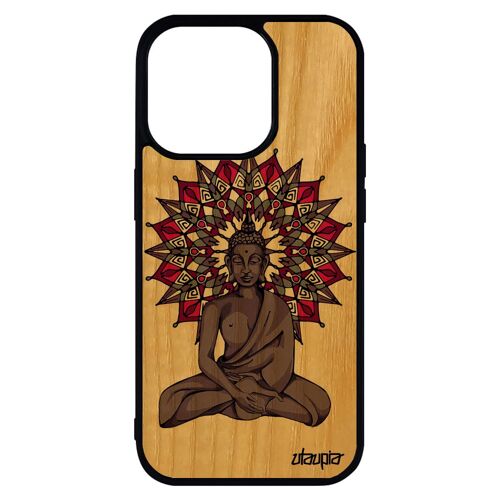 Coque Bois De Protection Iphone 14 Pro Max Silicone Bouddha Bouddhisme Mandala Pochoir Ethnique Statue Rigide Zen Rosace Inde