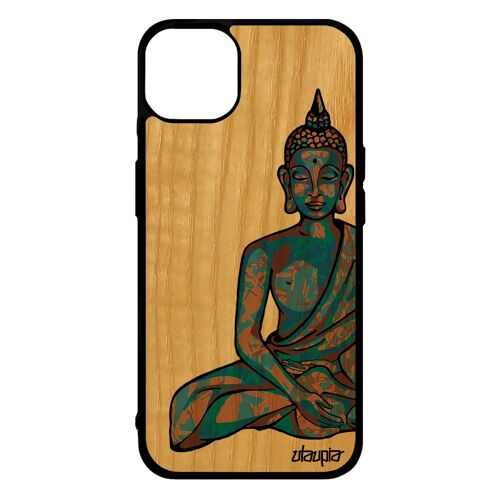 Coque bois iPhone 14+ Plus silicone bouddha TPU portable fantaisie soleil mobile de protection asie nepal homme yoga spirituel