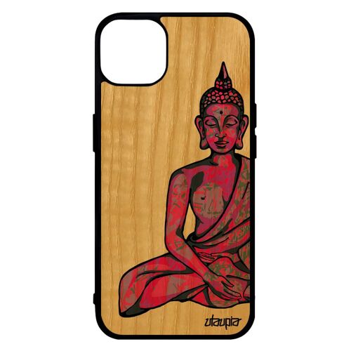 Coque bois iPhone 14 silicone bouddha souple hindou portable cadeau d'anniversaire bumper mobile zen image tibet Rose assis de