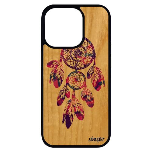 Coque Attrape Reve Iphone 14 Pro Max Bois Naturel Silicone Design Coloré Capteur De Cadeau Mobile Coquillage Dreamcatcher Inca