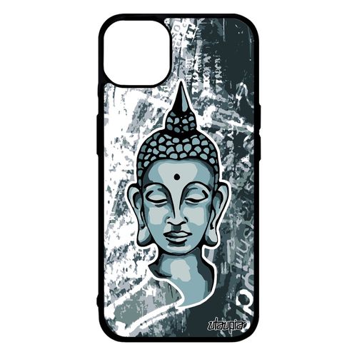 Coque Silicone Bouddha Iphone 14+ Plus Portable Bouddhisme Yoga Asie Portrait Pochoir Gris Bumper Homme De Protection Journal
