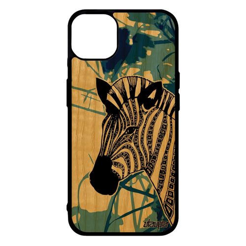 Coque bois iPhone 14+ Plus silicone zebre noir et blanc graphique noir afrique femme rayure animal ethnique de made in France