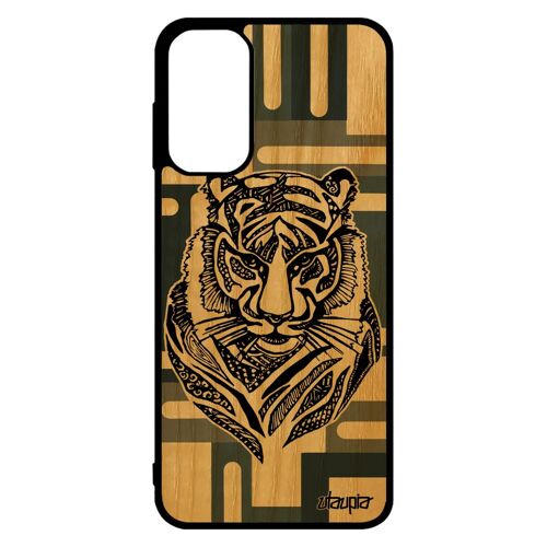 Coque Samsung Galaxy M13 bois silicone tigre pas cher cubique azteque Gris garcon fauve personnalisé bengal tribal antichoc animal