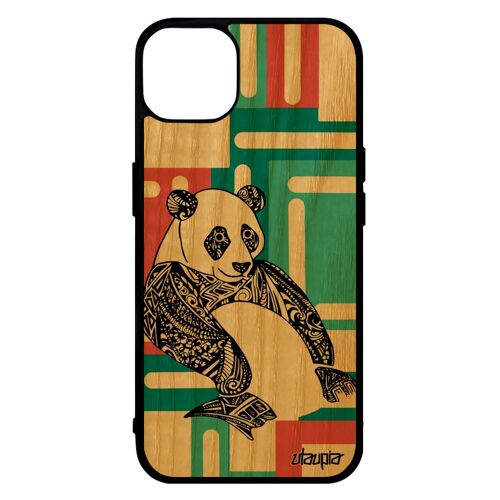 Coque bois veritable iPhone 14 silicone panda pas cher graphique geometrique portable carré tribal animaux Vert symbole femme