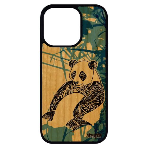 Coque Pour Iphone 14 Pro Max Bois Silicone Panda Bumper De Protection Bleu Frêne Tribal Azteque Dessin Ours De Luxe Noir Tpu