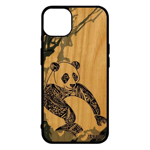 Coque pour iPhone 14+ Plus en bois silicone panda Gris tatouage dessin housse peinture solide case cadeau d'anniversaire femme