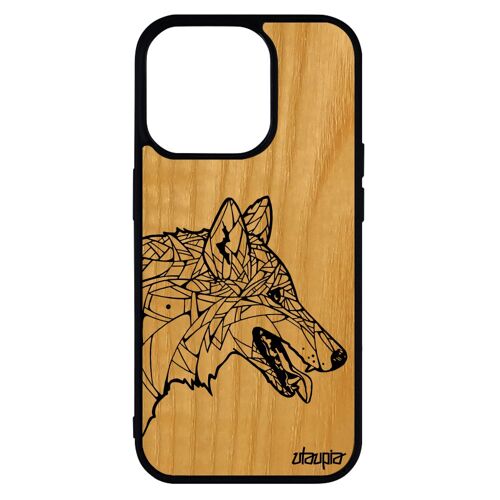 Coque iPhone 14 pro en bois silicone loup noir et blanc noir dessin chien tribal hiver telephone graphique solitaire ethnique
