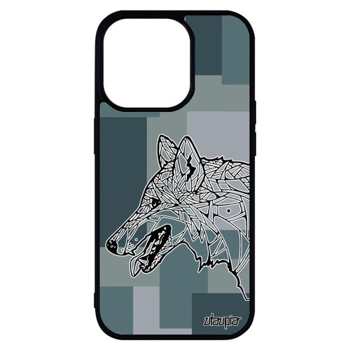 Coque Iphone 14 Pro Max Silicone Loup Hiver Azteque Carré Dessin Design Chien Graphique Femme Alpha Noir 4g Animal Geometrique