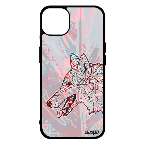 Coque iPhone 14+ Plus silicone loup telephone design dessin multicolore plume ethnique couleur Rouge antichoc chien animal de