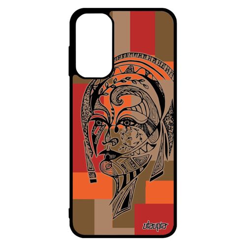Coque femme telephone Galaxy M13 silicone cube portrait fille azteque ethnique tribal unique case 4G carré feerique Marron Samsung