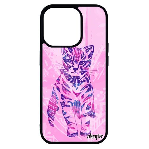 Coque pour iPhone 14 pro en silicone chat dessin felin chaton case de protection smartphone matou animaux plume tribal Violet