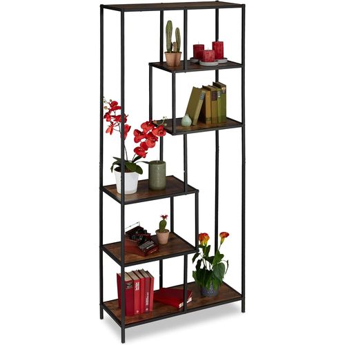Ytseazn-Étagère Style Industriel,6 Surfaces,Effet Bois,Bibliothèque Vintage,Hxlxp :186x78x33cm,Noir/Brun Foncé