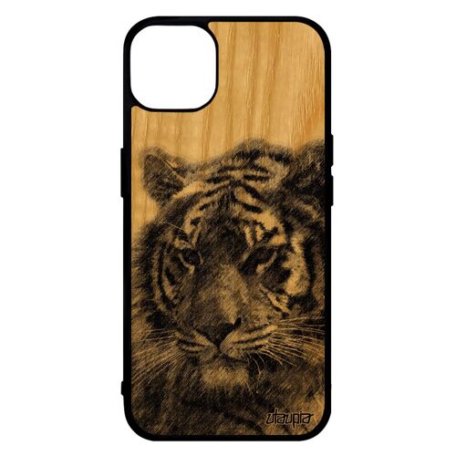 Coque iPhone 14 bois silicone tigre smartphone tigresse fauve housse jolie sauvage du bengal telephone felin etui animaux gris