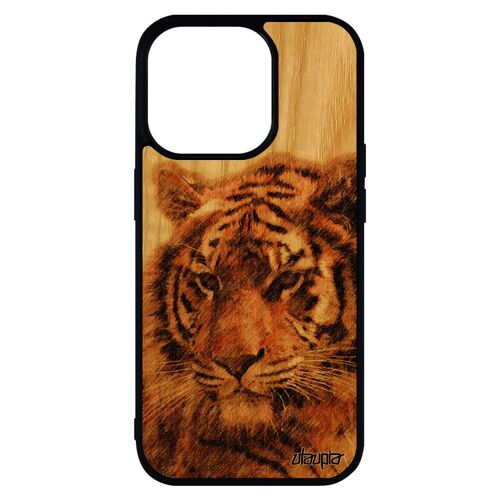 Coque Iphone 14 Pro Max Bois Silicone Tigre Tigresse Nature De Tasmanie Animaux Felin Cover Design Caoutchouc Fauve Mobile Tpu