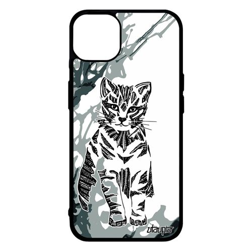 Coque Iphone 14+ Plus En Silicone Chat Animaux Personnalisé Chaton Art Felin Peinture Mignon Ethnique Arbre Noir Et Blanc Etui