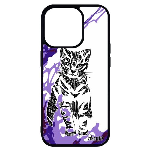 Coque chat iPhone 14 pro max silicone mobile minou Violet case fantaisie telephone animal 1000 Go antichoc art tigré azteque