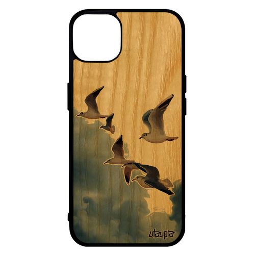 Coque Oiseaux Mouettes Pour Iphone 14 Bois Veritable Silicone Nature Animal Ciel Design Mer Nuage Mobile Animaux 128 Go Beige