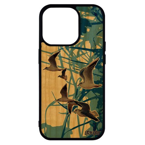 Coque oiseaux mouettes pour iPhone 14 pro bois silicone bleu feuilles nature animal design de protection marin frêne mer case