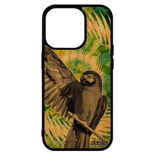 Coque iPhone 14 pro bois silicone perroquet vert design rigide animaux perruche portable animal etui fleurs de made in France