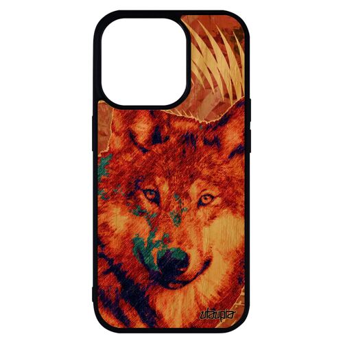 Coque iPhone 14 pro max bois silicone loup motif animal predateur bête sauvage animaux telephone orange mandala texture design