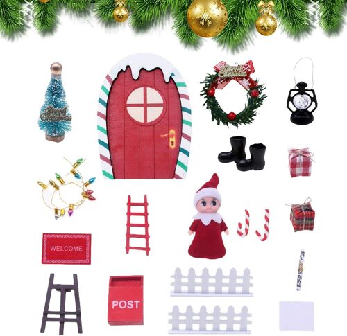 Portes de fées de Noël - Kit de portes de fées miniatures, porte de fées en bois | Porte miniature en bois arc-en-ciel rouge et vert pour activités manuelles