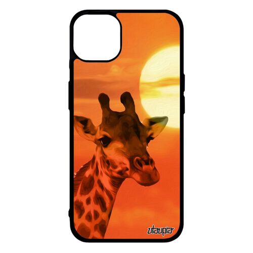 Coque iPhone 14+ Plus en silicone girafe portable afrique mobile orange savane antichoc animaux design ciel couché de soleil