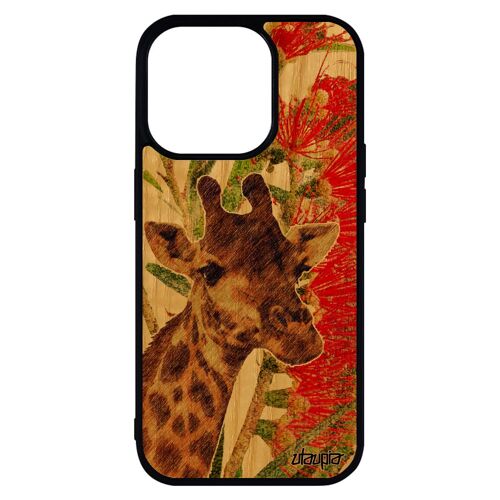 Coque girafe telephone iPhone 14 pro max bois silicone smartphone vert portable animaux savane design fleurs nature case de