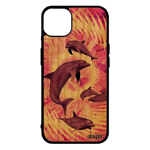 Coque dauphin iPhone 14+ Plus en bois silicone animaux marin mandala ocean rose housse souple animal motif mobile marsouin mer