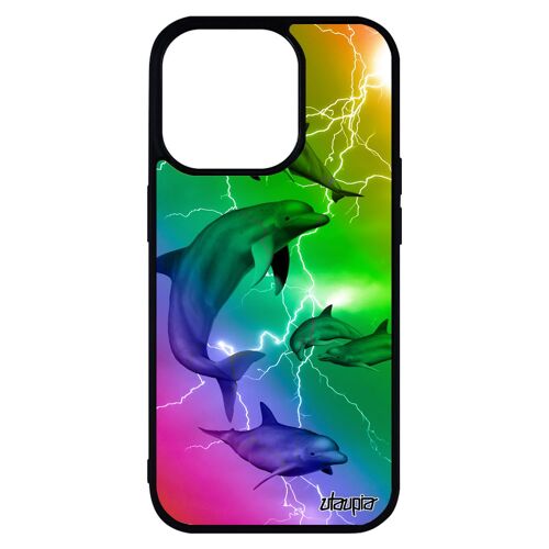 Coque Silicone Iphone 14 Pro Max Dauphin Motif Noir Multicolore Eclair Ocean Alu Arc En Ciel Animaux Animal Marin Housse Jaune