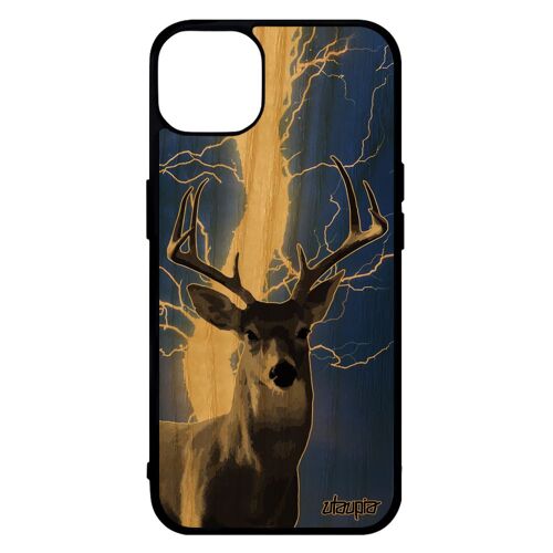 Coque Cerf Iphone 14 En Bois Silicone Biche Animaux Animal Mobile Brame Bleu Noir Faon Unique Orage Foret De Protection Foudre