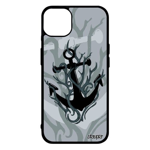Coque iPhone 14+ Plus silicone ancre tatouage noir vintage old school homme de bateau algue pirate marine TPU telephone etui
