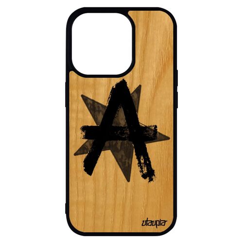 Coque silicone iPhone 14 pro max bois anarchie mobile graff peinture housse telephone punk ni dieu ni maitre logo signe Gris