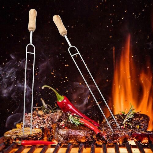 Fourchette en acier inoxydable manche en bois en forme de U BBQ Rôti Aiguille Brochettes Fourchettes