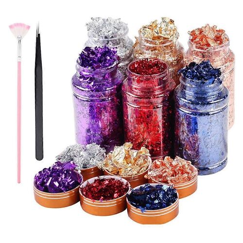Flocons De Feuille D'or 6 Couleurs Flocons De Dorure Avec Pince À Épiler Pour Bricolage Ongles Artisanat Slime