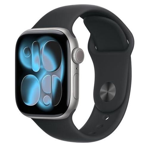 Apple Watch Series 11 (GPS) - 42 mm - espace gris en aluminium - Montre connectée avec bracelet sport - fluoroélastomère - noir - taille du bracelet : M/L - 64 Go - Wi-Fi 4, UWB, Bluetooth - 30.3...