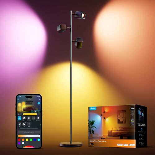 Jexnovashop-Arbre Lampadaire Sur Pied Led Rgbww, 3-Têtes Lampe D'angle Réglable 1500lm, Compatible Avec Matter Alexa, 64+ Scènes, Sync Musique, 157cm Noir Lampadaires Pour Salon, Chambre, Salle De Le