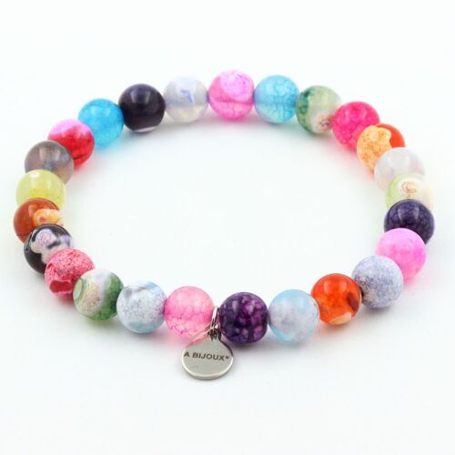 Bracelet Perles Agate Craquelé Fuchsia Multicolore 8 Mm. Fabriqué En France. Taille Personnalisable.