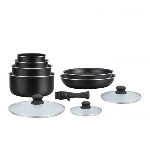 Batterie De Cuisine Revêtement Pierre Avec Manche Amovible 10 Pieces Noir Hagen Ha04630-Blk