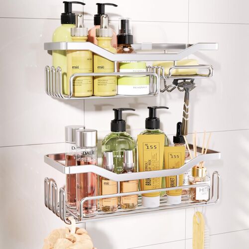 Etagere Douche, Porte Savon Douche Sans Perçage, Etagere Salle De Bain Acier Inoxydable, Panier De Douche Avec 11 Crochets, Sticker Rangement Douche, 2 Pcs Serviteurs De Douche, Argente