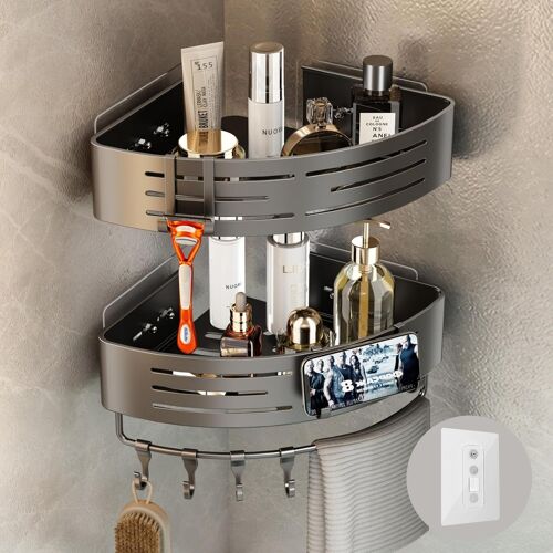 Etagere Douche Angle Sans Percage, 2 PièCes Etagere Angle Salle De Bain avec Porte Serviettes et Crochets Auto AdhéSif Rangement et Organisation de La Salle de Bain Support Gel Douche(Gris)