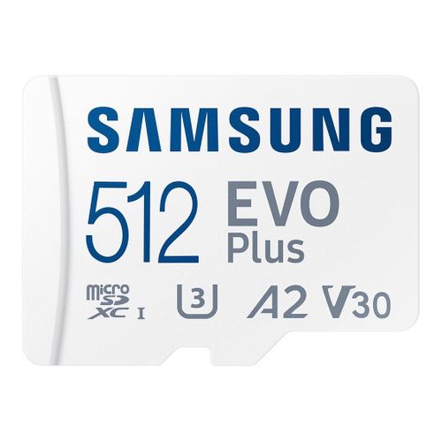 Samsung EVO Plus MB-MC512S - Carte mémoire flash (adaptateur microSDXC vers SD inclus(e)) - 512 Go - A2 / Video Class V30 / UHS-I U3 / Class10 - microSDXC UHS-I - blanc