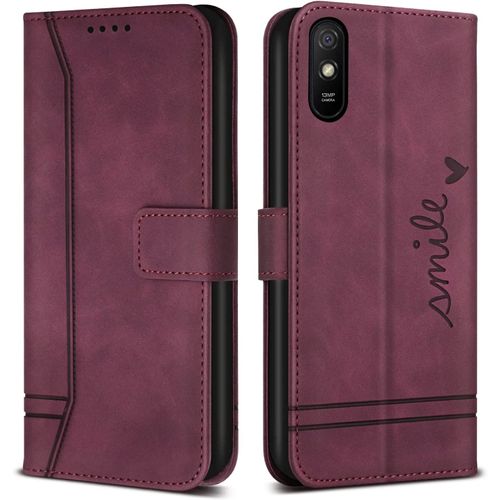 Coque Pour Xiaomi Redmi 9a / Redmi 9at, Avec Magnetique, Flip Pochette Housse Pour Xiaomi Redmi 9a / Redmi 9at Protection, Vin Rouge