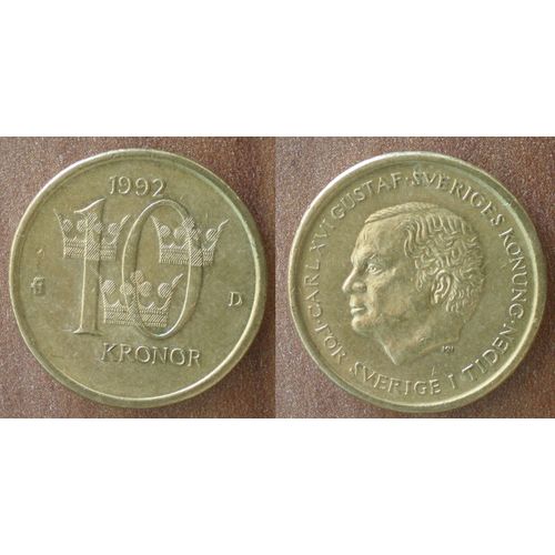 Suede 10 Couronnes 1992 Piece Couronne Roi Karl Xvi Gustaf Kronor Sweden