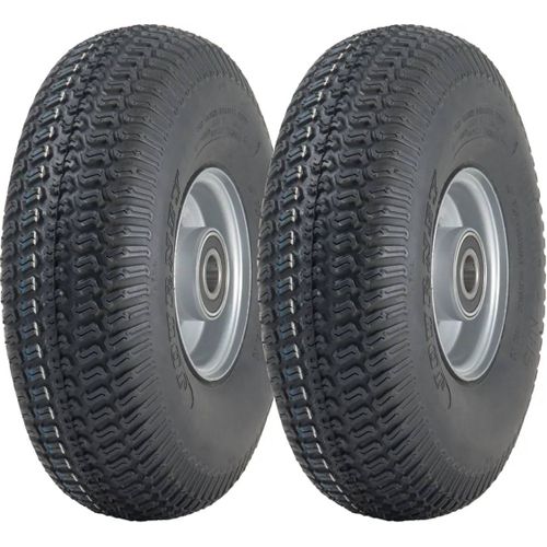 4.10/3.50-4 Lawnmower Grass Tyre & Steel Rim 4-ply P332 20mm Bearings (Set of 2)